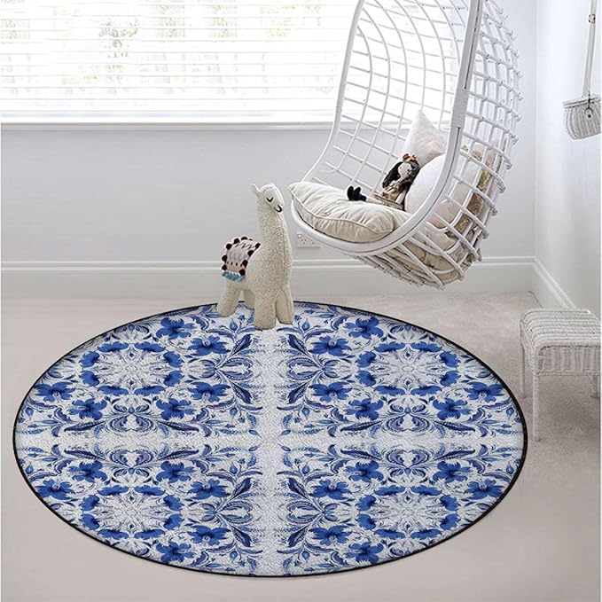 Blue Round Rug for Bedroom Circular Area Rug Washable Throw Rugs Non-Slip Soft Floor Mat for Living Room Sofa Porcelain Style Traditional Pattern Colors Diameter 43.3 in