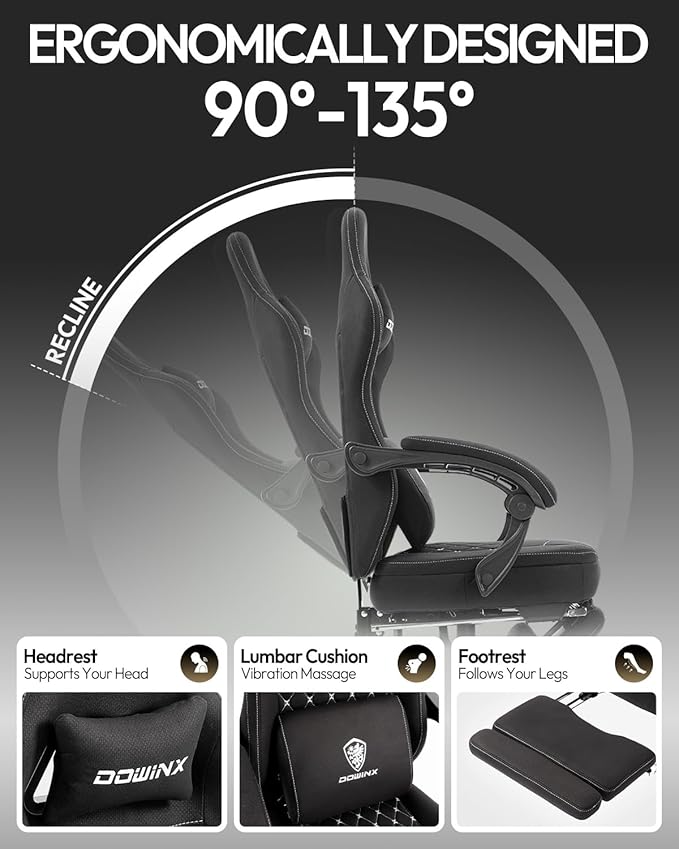 Dowinx Gaming Chair Breathable Fabric Game Chair with Gel Pad and Storage Bag Comfortable Gamer Chair with Pocket Spring CushionErgonomic Computer Chair with FootrestBlack and White