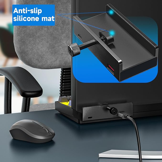 USB C Hub Clamp Aluminum 2-Port USB 3.0 USB C Data Port SD/TF Card Reader for 0.39''-1.18'' Thickness Desktop PC DesksMonitor Stand Desktop Powered USB Hub and Cell Phone Holder (Black)