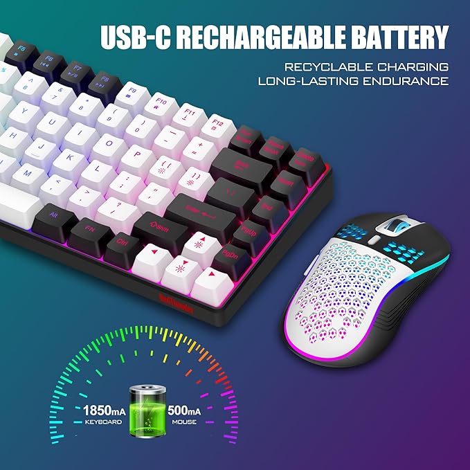 RedThunder K84 Wireless Keyboard and Mouse Combo LED Rainbow Backlit Rechargeable Battery 75% Layout TKL Ultra Compact Gaming Keyboard &amp Lightweight 3200 DPI Honeycomb Optical Mouse (White-Black