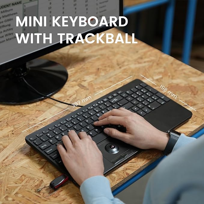 Perixx PERIBOARD-538 US Wired Compact USB Keyboard with Trackball - X Type Scissor Keys - 15.63x7.8x1.46 Inches (397x198x37mm) - Build-in 2 USB Hubs - Black