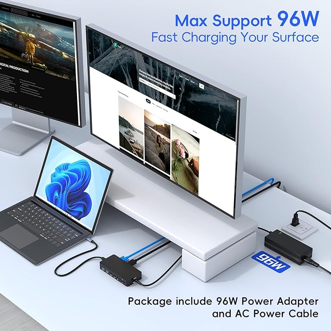 New Surface Thunderbolt 4 Dock Triple Displays 4K HDMI*2+VGA 12 in 1 Surface Pro Docking Station with Power Adapter for Surface Pro 11/10/9/8/X/7/6/5/4/3 Surface Laptop Surface Book Go