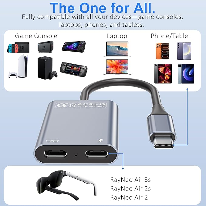 USB-C to Glasses Charging Adapter Charge and Play Adapter with 100W PD Charging and 4K@60Hz Display Output for Switch (Not Switch 2) ROG Ally PS4/5 Xbox Mac mini Laptops &amp DP Alt Mode Devic