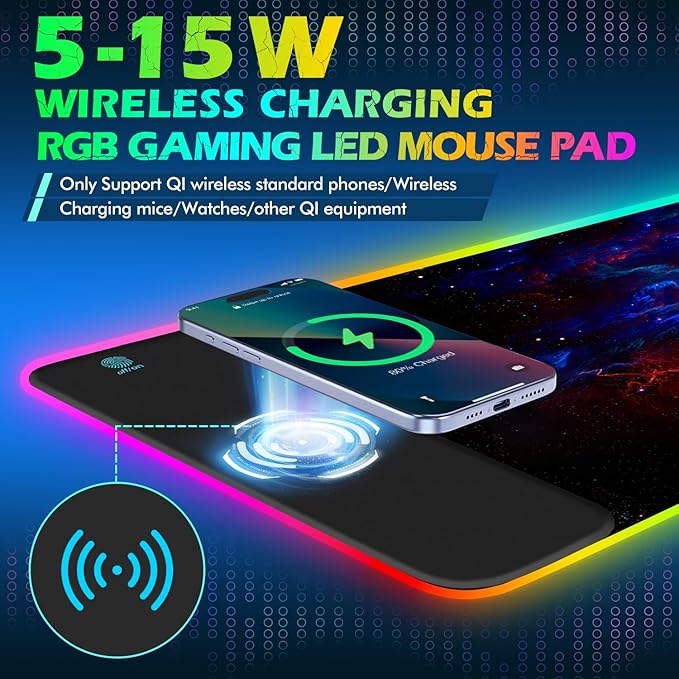 ToLuLu RGB Wireless Charging Gaming Mouse Pad 7.5/10/15W 10 Light Modes LED Mouse Pad Computer Keyboard Mat Mousepad 800x300x4MM Extended Large Desk Pad Desk Mat for Gamer Red Blue Galaxy