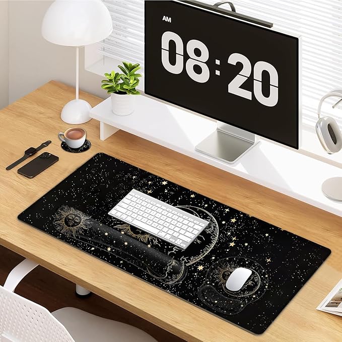 Large Mouse Pad Ergonomic Mouse Pad with Wrist Rest and Keyboard Wrist Rest 4 in 1 Set 31.5 x11.8 inch Extended Desk Pad for Home Office Funy Sun Moon Star Black Pattern XXL Black Gaming Mouse Mat