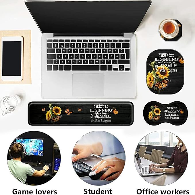 Sunflower Keyboard Wrist Rest Pad + Small Mouse Pad + Wrist Rest Pad + Cup Coaster Set Inspirational Quotes Ergonomic Wrist Rest Support Gel Pad Pain Relief Memory Foam Set for Gaming Office
