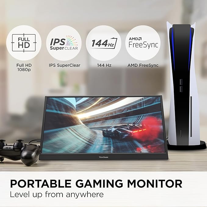 ViewSonic VX1754 17 Inch 1080p IPS Portable Gaming Monitor with 144Hz AMD FreeSync2 Way Powered 60W USB C Mini HDMI and Built-in Stand with Protective Cover (Renewed)