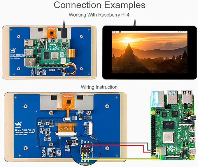 waveshare 7inch DSI LCD 1024×600 Touch Screen for Raspberry Pi 4B/3B+/3A+/Compute Module 4 (CM4)/Compute Module 3+ (CM3+) Toughened Glass IPS Display Capacitive Monitor 5-Points Touch Driver Required
