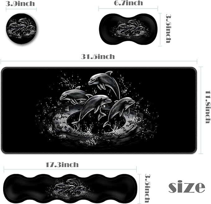 Ergonomic Keyboard Wrist Rest &amp Mouse Pad Wrist Rest SetXL Gaming Desk Mat 31.5x 11.8Non-Slip BaseMemory FoamEasy Typing Pain Relief for Office &amp HomeBlack White Dolphins Art