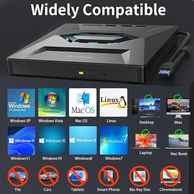 External CD DVD Drive for Laptop USB C Portable CD/DVD +/-RW Burner DVD Player with SD Card Reader USB 3.0 Type C Hub Compatible with Laptop PC Windows Linux