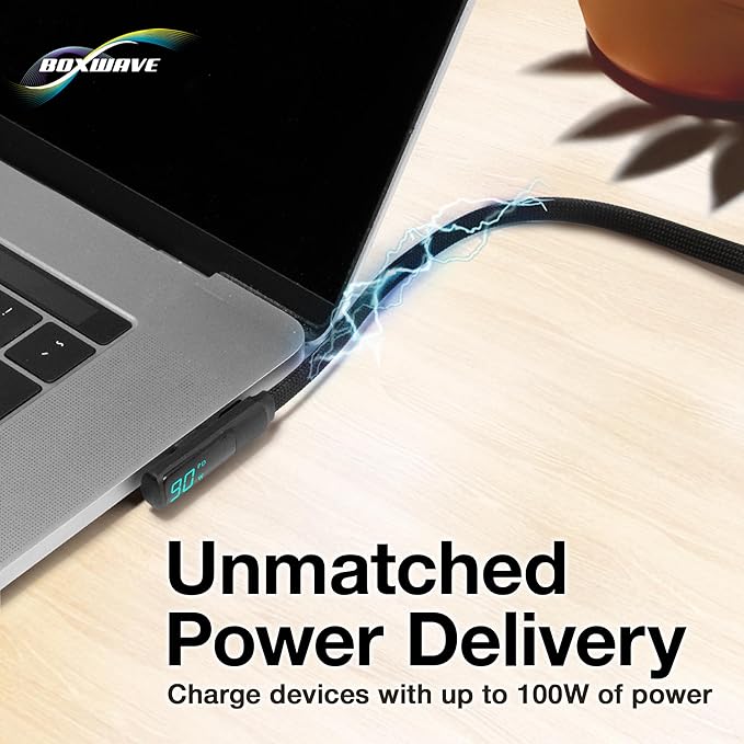 BoxWave Cable Compatible with NEOFYTE Portable Monitor for Laptop T14P (14 in) - PowerDisplay PD Right Angle Cable (4ft) - USB-C to USB-C (100W) LED Wattage Info Extra Long Braided Nylon - Jet Black