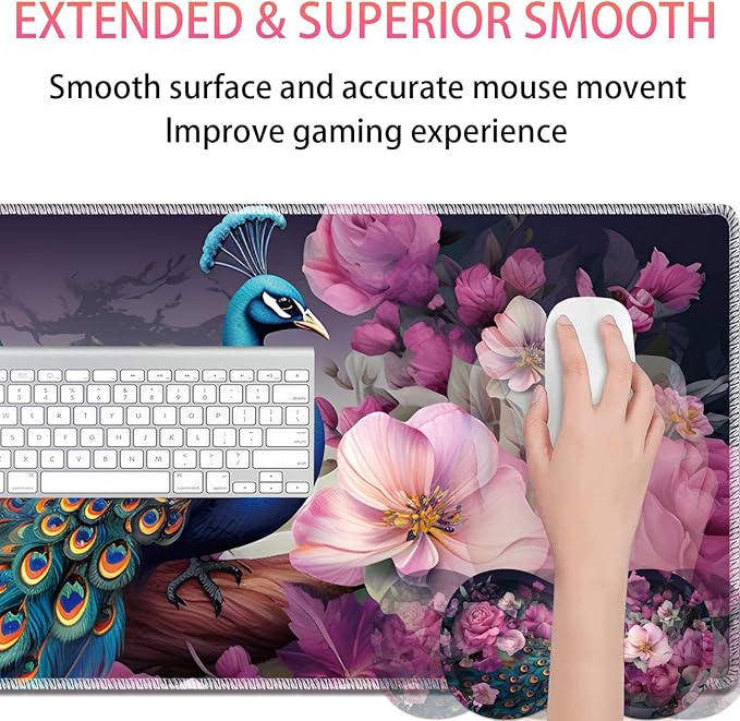 Large Gaming Mouse Pad + Mouse Wrist Rest Pad + Coaster Combination 31.5 x 11.8 Durable Non-Slip Extension Table Mat Suitable for Office and Home Peacock and Flowers