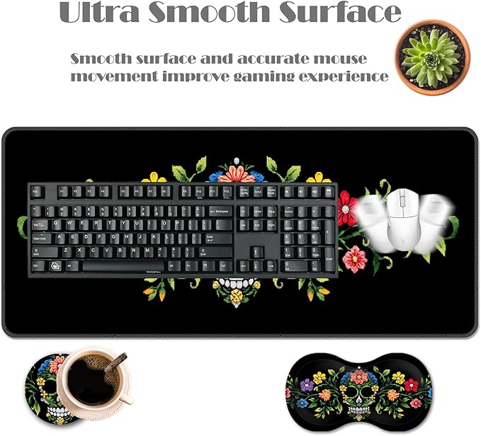 Ergonomic Keyboard Wrist Rest &amp Mouse Pad Wrist Rest SetXL Gaming Desk Mat 31.5x 11.8Non-Slip BaseMemory FoamEasy Typing Pain Relief for Office &amp HomeFloral Skull