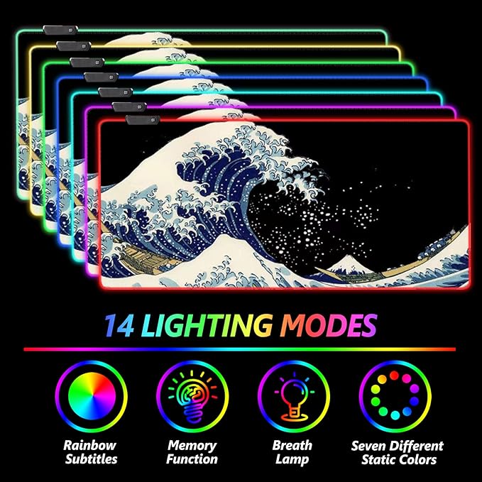 RGB Gaming Mouse Pad Large AIMSA Keyboard Led Mousepad Extended 35.4 x 15.8 inch Non-Slip Rubber Base with 14 Lighting Modes Big Desk Mat Waterproof Big Waves