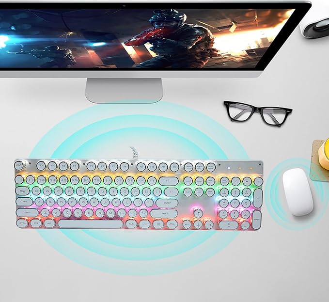 Mechanical Keyboard LED Backlit USB Wire Ergonomic Gaming Keyboard with Retro Round Computer Parts