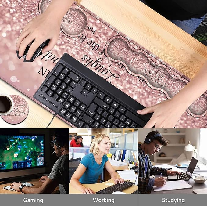 Keyboard Mouse Pad SetExtended Gaming Mouse Pad + Memory Foam Keyboard Wrist Rest Support Proverbs 31:25 Bible Pink Office Desk Mat Writing Pad Easy Typing Pain ReliefXXL Large Mousepad Desk Mat