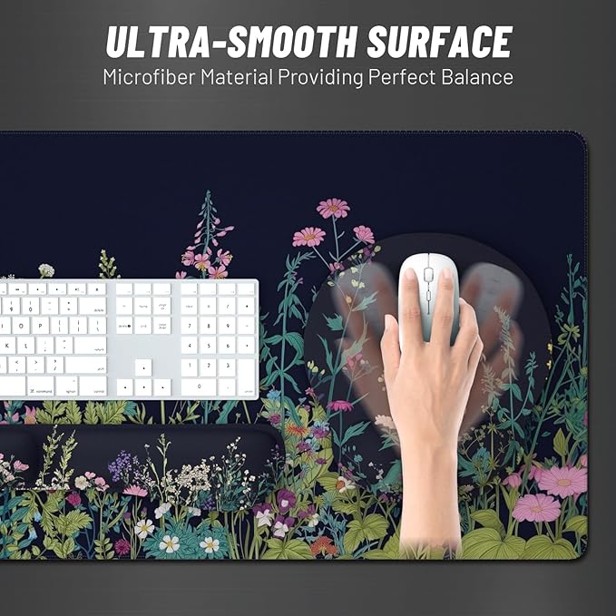 Ovenbird Mouse Pad Set 4-in-1 | Large Gaming Mousepad Keyboard Wrist Rest Mouse Wrist Support Coaster | Ergonomic Office Desk Mat Accessories for Women Men | 4PCS 35.4 x 15.7in Black Floral