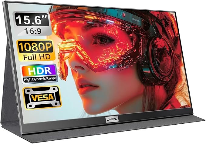 DHPL15.6 Inch Portable Monitor for Laptop - FHD 1080P IPS Anti-Glare Screen Dual USB-C/HDMI Built-in Speakers VESA Holes - Travel Screen Extender Compatible with Laptop PC Phone PS4/5 Switch