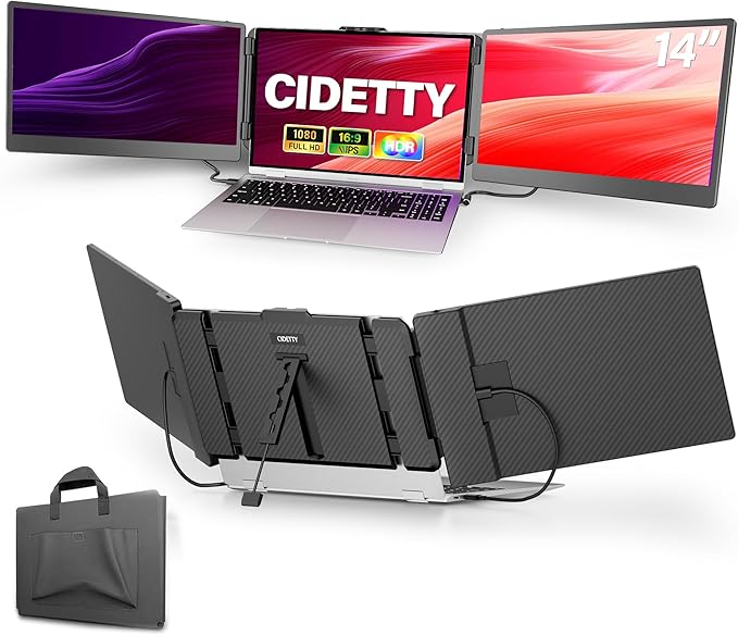 Laptop Screen Extender 14'' FHD 1080P IPS Ultra-Thin Dual/Triple Monitor Display HDMI/USB-C Plug-Play Portable Monitor for Laptop Built-in Speakers(Mac Win Android)
