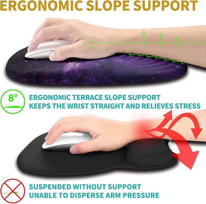 Hokafenle Ergonomic Mouse Pad Wrist Support with Stepped-Wedge Design Wrist Rest Pain Relief Mousepad Filled with Memory Foam Carpal Tunnel Mousepad for Wireless Mouse(12x8 inch Galaxy)