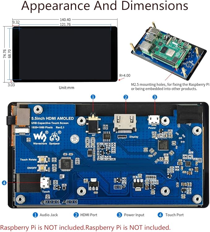 waveshare 5.5inch HDMI AMOLED Display 1080x1920 Resolution Capacitive Touch Screen with Toughened Glass Cover 6H Hardness for Raspberry Pi 4B/3B+/3B/2B/Zero/Zero W and Jetson NanoPCMulti Systems