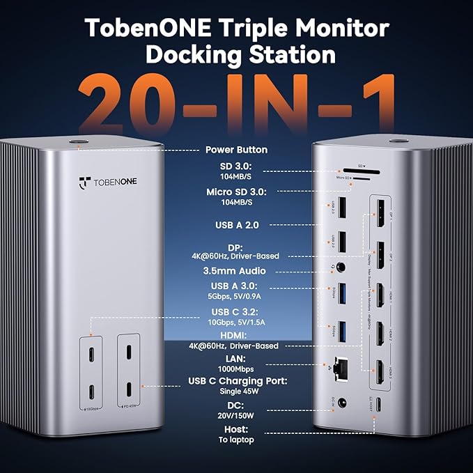 TobenONE 20-in-1 Docking Station 3 Monitors for MacBook Triple 4K@60Hz Monitor Docking Station with 3 HDMI 2 DP 45W PD150W Charger 6 USB Ports Driver-Basedfor M1/M2/M3/M4/M5/Windows/Chrome OS