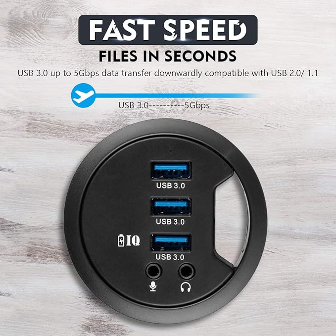 WDX Grommet Hole in Desk USB 3.0 3 Port Hub BC 1.2 USB Charger with 3.5mm Sound Card Mic Phone Jack for iPhone/Smart Phones