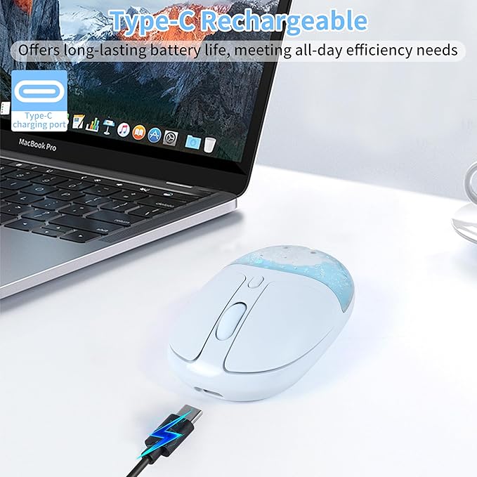 Wireless Mouse with Liquid Quicksand Sequins 2.4GHz &amp Bluetooth Dual Mode Rechargeable Silent Cute Aqua Mouse with LED Light Portable Water Mice for Laptop PC Tablet MacBook Kids Adults Gift (Blue