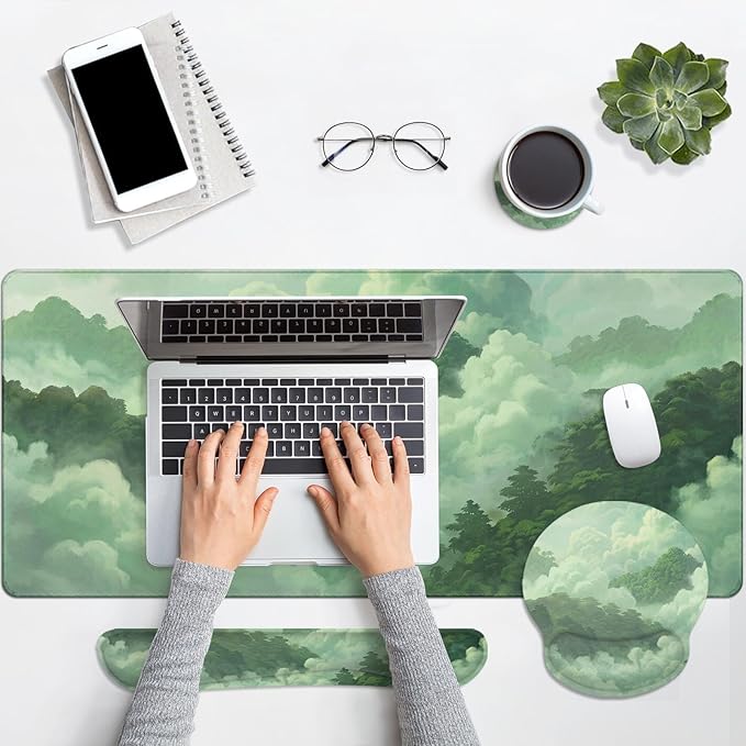 Britimes Green Cloud Keyboard Mouse Pad Set Forest Mountain Aesthetic 4in1 Large Mousepad+Keyboard Wrist Rest+Mouse Wrist Rest+Coaster Ergonomic Design for Home Office Computer 35.4x15.7 inches