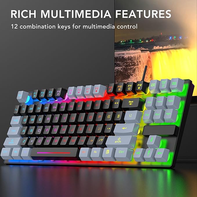 GOWENIC Gaming Keyboard USB Computer Keyboard 87 Keys RGB Backlit Floating Keycaps Dsign Contrast Color Space Saving Wired Keyboard for Desktop Laptop