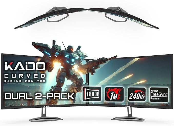 Kado Dual Gaming Monitor Setup - 2-Pack 32 240Hz 1ms Curved 1800R 1920x1080 AMD FreeSync Premium Panoramic Gaming Multi-View Split Screen Streaming VESA Mount HDMI DisplayPort Built-in Speakers