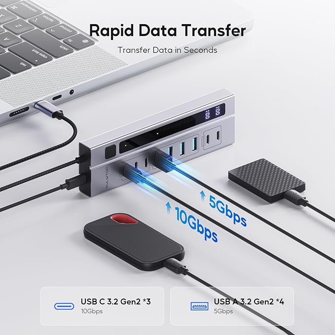 9 in 1 Powered USB C Hub USB 3.2 Data Hub with 65W PD Power Adapter 3 USB-C 10Gbps 4 USB-A 5Gbps 2 24/45W Type-C PD Charging Ports USB Hub