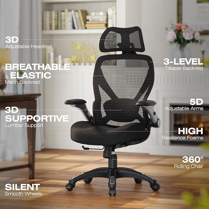 ELABEST X100 Ergonomic Mesh Office Chair Big and Tall Hone Desk Chair with 5D Flip-Up Arms Adjustable 3D Lumbar SupportGaming &amp Executive Computer Chairs for Long Hours Padded Seat
