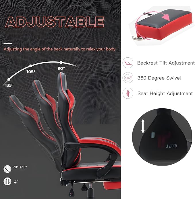 Ergonomic Video Game ChairsPu Leather Video Game Chairs For Adults 360°Swivel Adjustable Office Chair Gamer ChairWith Footrest Comfortable Game Lumbar Headrest Backrest RecliningGreen+white