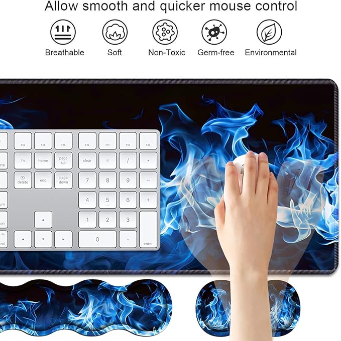 4 in 1 Ergonomic Keyboard Wrist Rest &amp Mouse Pad Wrist Rest Set Large XXL Gaming Desk Mat 31.5x 11.8 with Non-Slip Base Memory Foam for Home Office Study Gaming Blue Flame