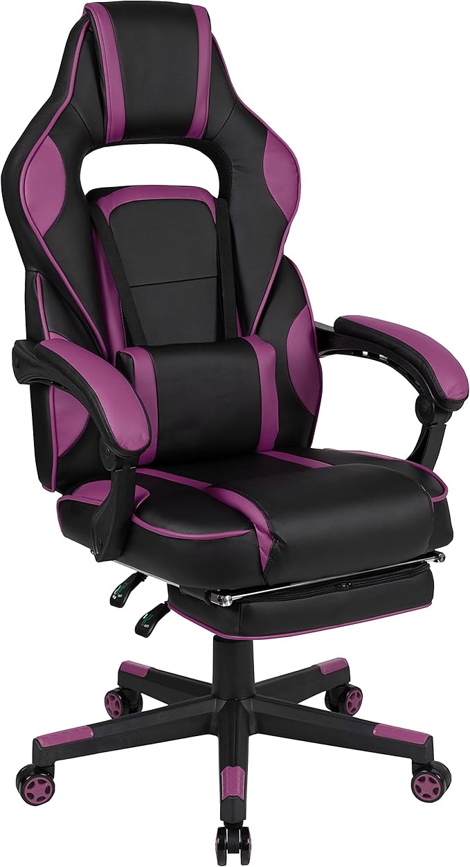 EMMA + OLIVER Black/Purple Ergonomic Gaming Chair -Recline Back/Arms Footrest Massaging Lumbar