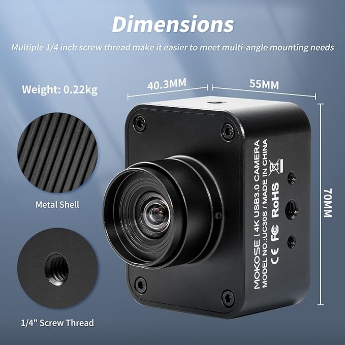 MOKOSE USB Camera 4K USB3.0 Manual Focus Webcam with 4.2mm Wide Angle Lens IMX678 1/1.8 8MP Sensor Support YUY2 Web Camera for Desktop Computer Laptop