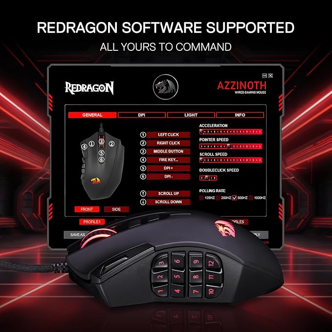 Redragon M921 MMO Gaming Mouse 12400 DPI High Precision Wired RGB Mice w/18 Programmable Buttons 12 Side Macro Keys Software Supports for PC Laptop