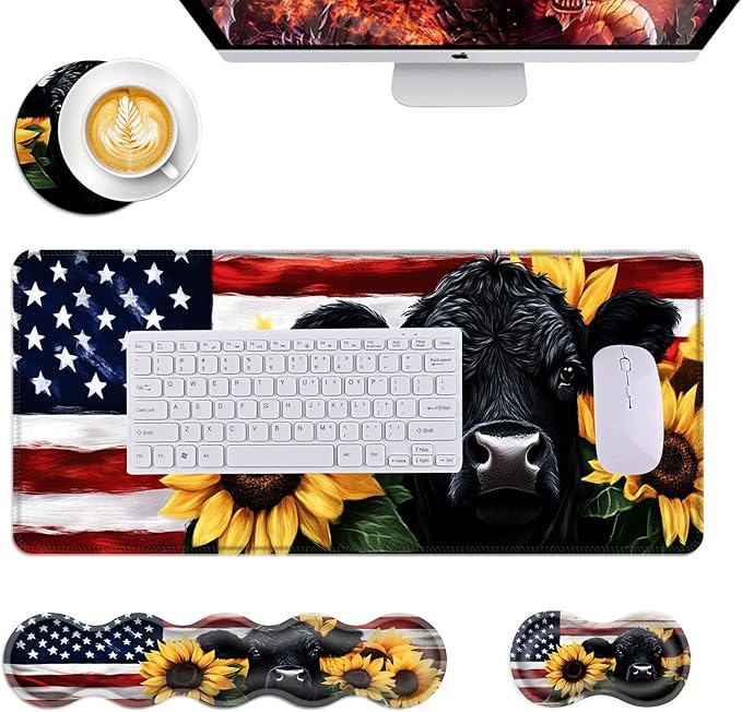 Mouse PadLarge Desk Mat Set 4in1 XL Mousepad + Keyboard Wrist Rest+Mouse Wrist Rest+Coaster with Ergonomic Desk Pad for Home Office Table Computer Cover -American Flag Black Cow