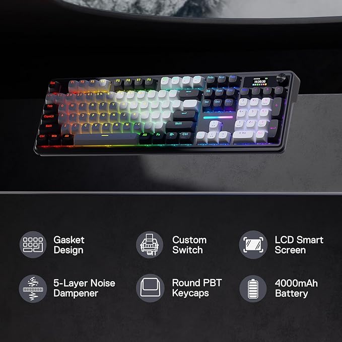 Redragon K762 Wireless Gasket Gaming Keyboard w/Hype Screen &amp Knob 104 Keys Mechanical Keyboard Easy-Control 1.14’’ TFT Info Display 5-Layer Noise Dampening Round PBT Keycaps Mint Mambo Switc