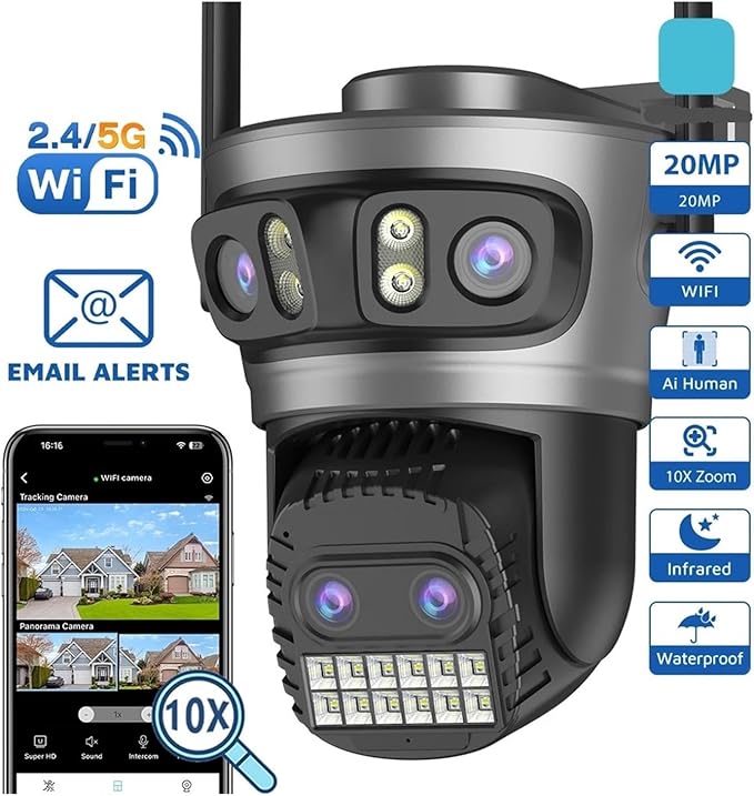 16MP WiFi Camera IP PTZ Three Screen 180° Wide Angle Auto Tracking 10X Digital Zoom 20MP Security Protection(UK Plug20MP with 64G Card)