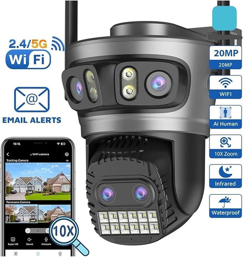 16MP WiFi Camera IP PTZ Three Screen 180° Wide Angle Auto Tracking 10X Digital Zoom 20MP Security Protection(EU Plug16MP NO SD Card)