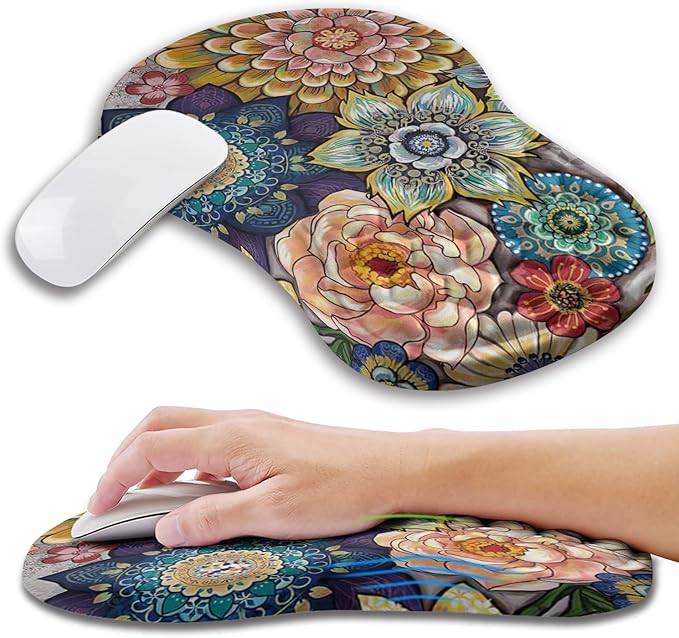 Ergonomic Mouse Pad Wrist Support with Memory Foam Massage Bulge Carpal Tunnel Pain Relief Mousepad Wrist Rest for Mouse(12x8 inch Blooming)