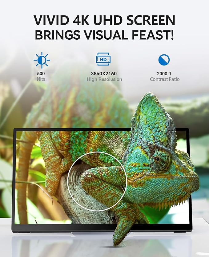 4K Portable Touch Monitor 15.6 inch 3840 * 2160 UHD w/USB-C HDMI Laptop Monitor 2000:1 100% RGB IPS Aluminum Alloy Shell10-Point TouchDual Speaker HDR for Home Work