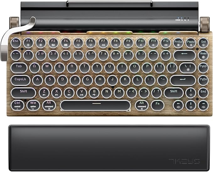 7KEYS Typewriter Keyboard Wireless Retro Style Vintage Classical Mechanical Keyboard with Bluetooth for IPAD PC/Laptop Mac/Phone (Wood+Wrist)