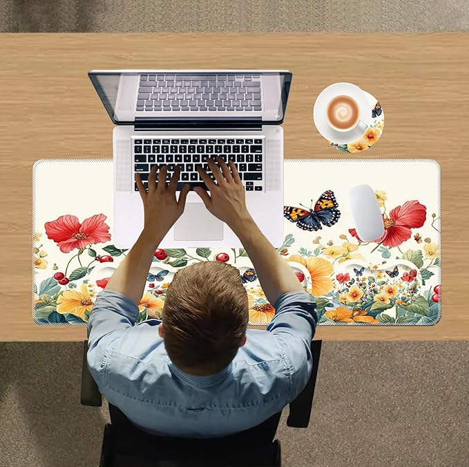 Large Mouse Pad Wrist Support SetDesk Pad+Keyboard Wrist Rest+Mouse Pad Wrist Support+Coaster4in1 XXL Big MousepadErgonomic Design Gaming Mat for Home Office TableFlowers with Butterfly
