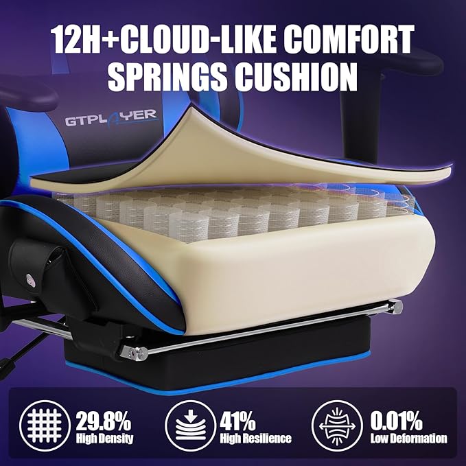 GTPLAYER Gaming Chair with Speakers Video Game Chairs with Footrest for Adults Ergonomic Computer PC Gamer Reclining Chair(Blue)