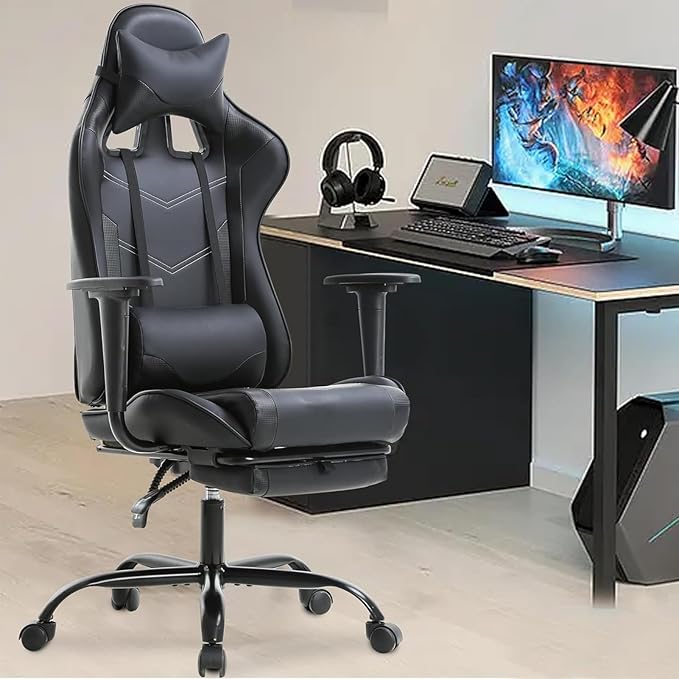 PC Gaming Chair with Footrest Ergonomic Home Office Chair with Lumbar Support &amp Headrest Pillow Height Adjustable Swivel Recliner Racing Computer Video Game Chairs Black