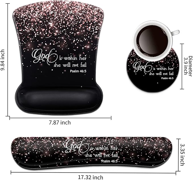 Keyboard Wrist Rest Pad and Ergonomic Mouse Pad Wrist Support Set Psalm 46:5 God is Within HerShe Will Not Fall Rose Gold Black for GamingOfficeComfortable and Pain Relief with Coaster Set