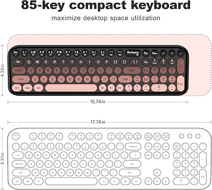 Wireless Keyboard and Mouse Combo MOWUX Compact Typewriter Retro Round Computer Keyboard Cute Optical Mouse Wireless Plug and Play for Laptop PC Computer- BlackBerry Gradient